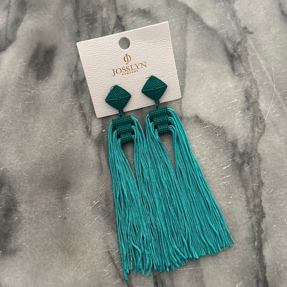 NEW Teal Turquoise Color Tassel Statement Earrings with bead detail